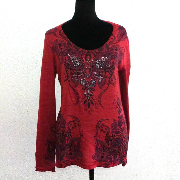 Red/black floral blouse, with tiny studs design - Picture 1 of 5
